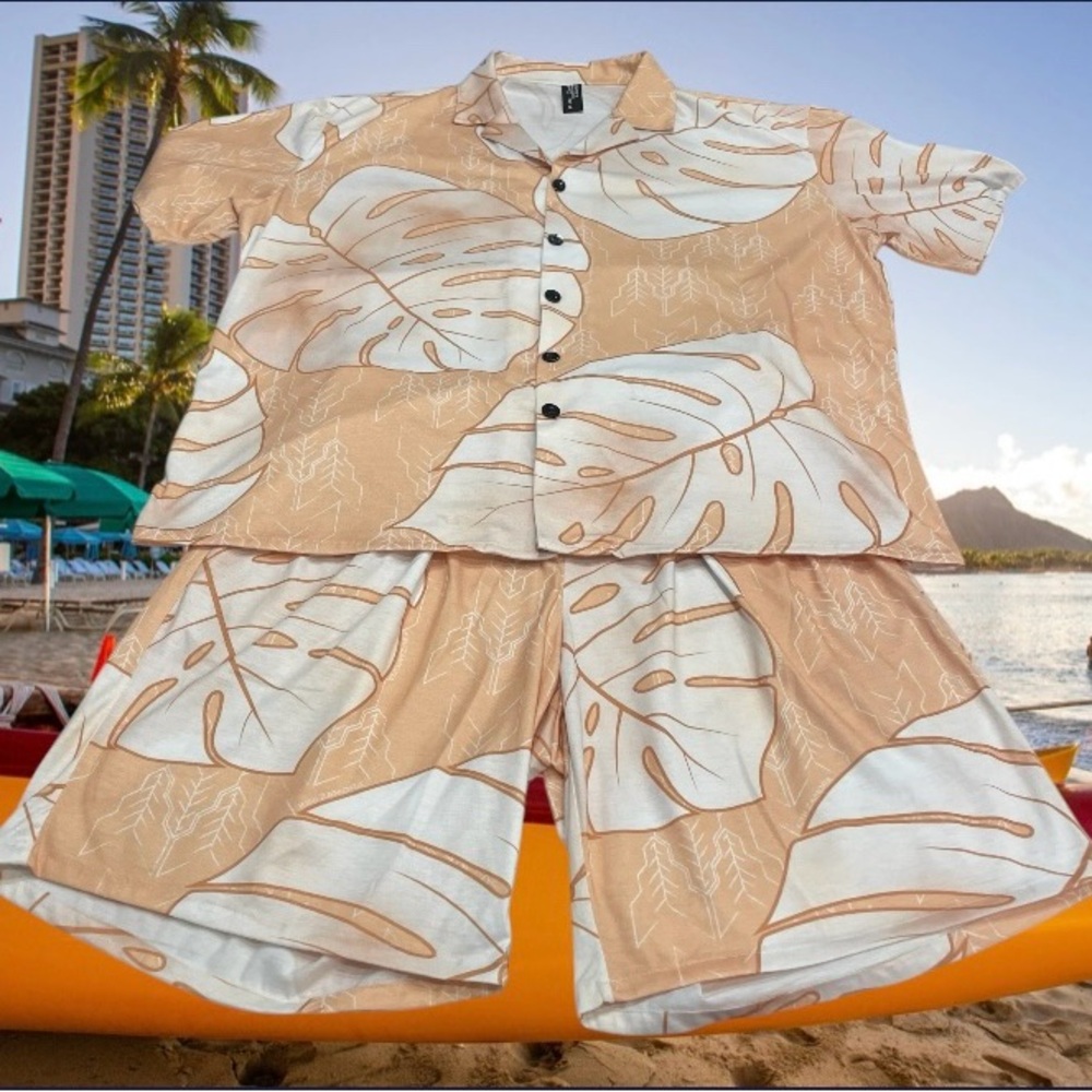 Hawaiian Cabana Set Mens XL Shirt Short Kini Zamora Monstera Aloha Pool Beach